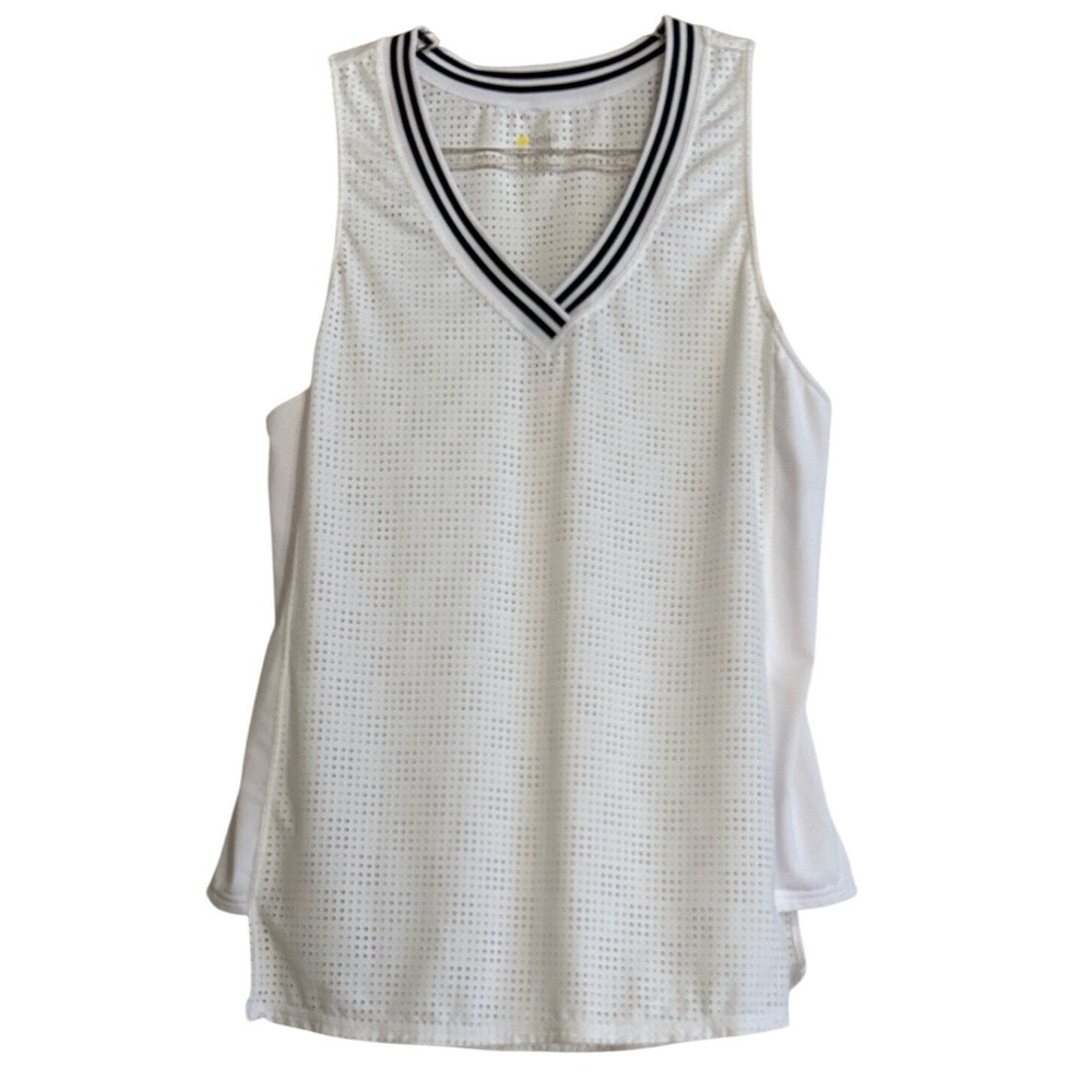 Zella Womens White Mesh V-Neck Activewear Tank Top Striped‎ Trim Size Medium
